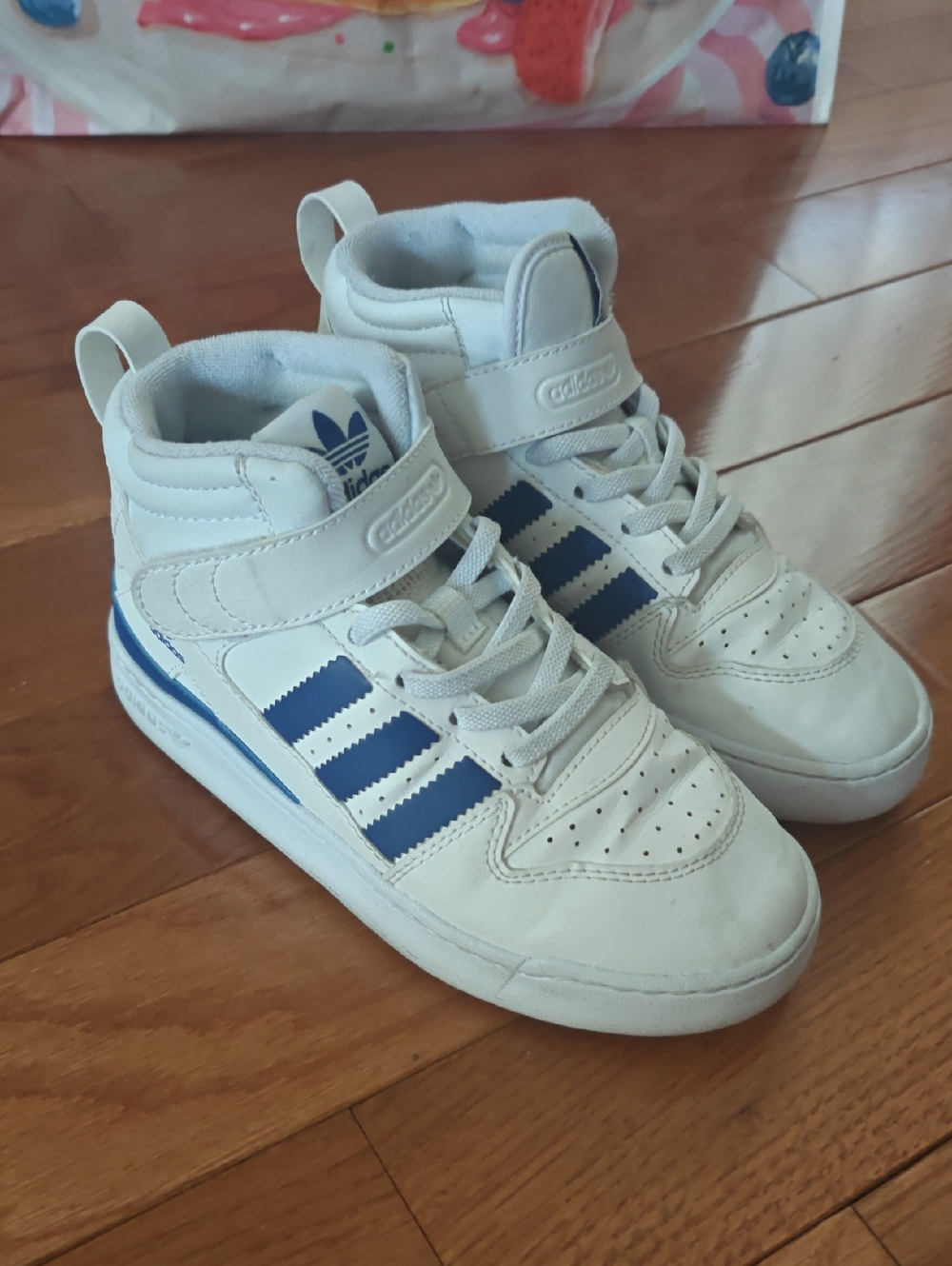 adidas Kids White and Blue High-Top Sneakers with Hook-and-Loop Strap